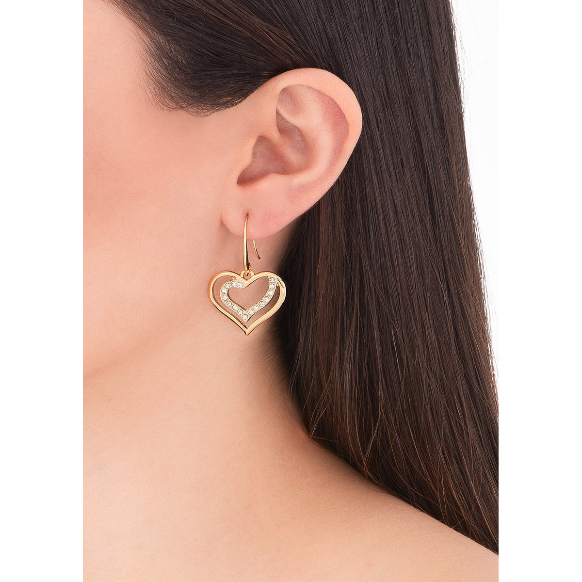 Aretes de doble corazón en oro con piedras cristal
