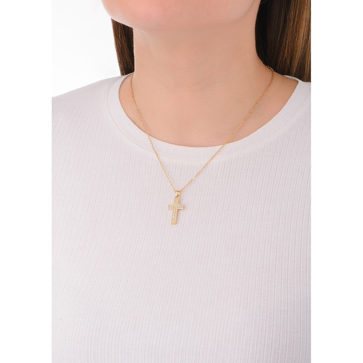 Collar de oro con dije de cruz y piedras cristal