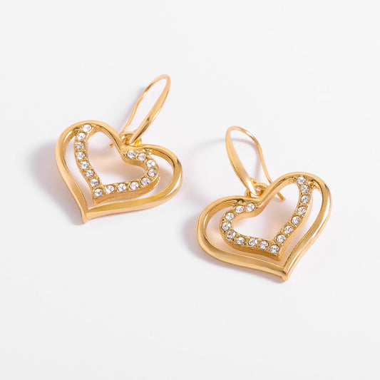 Aretes de doble corazón en oro con piedras cristal