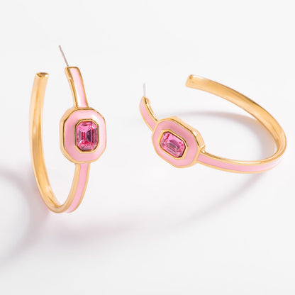 Pendientes de aro en baño oro 18k con esmalte rosa