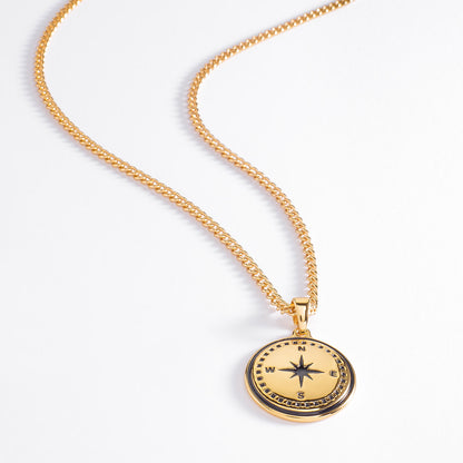 Collar de oro 18k con dije brújula en esmalte negro