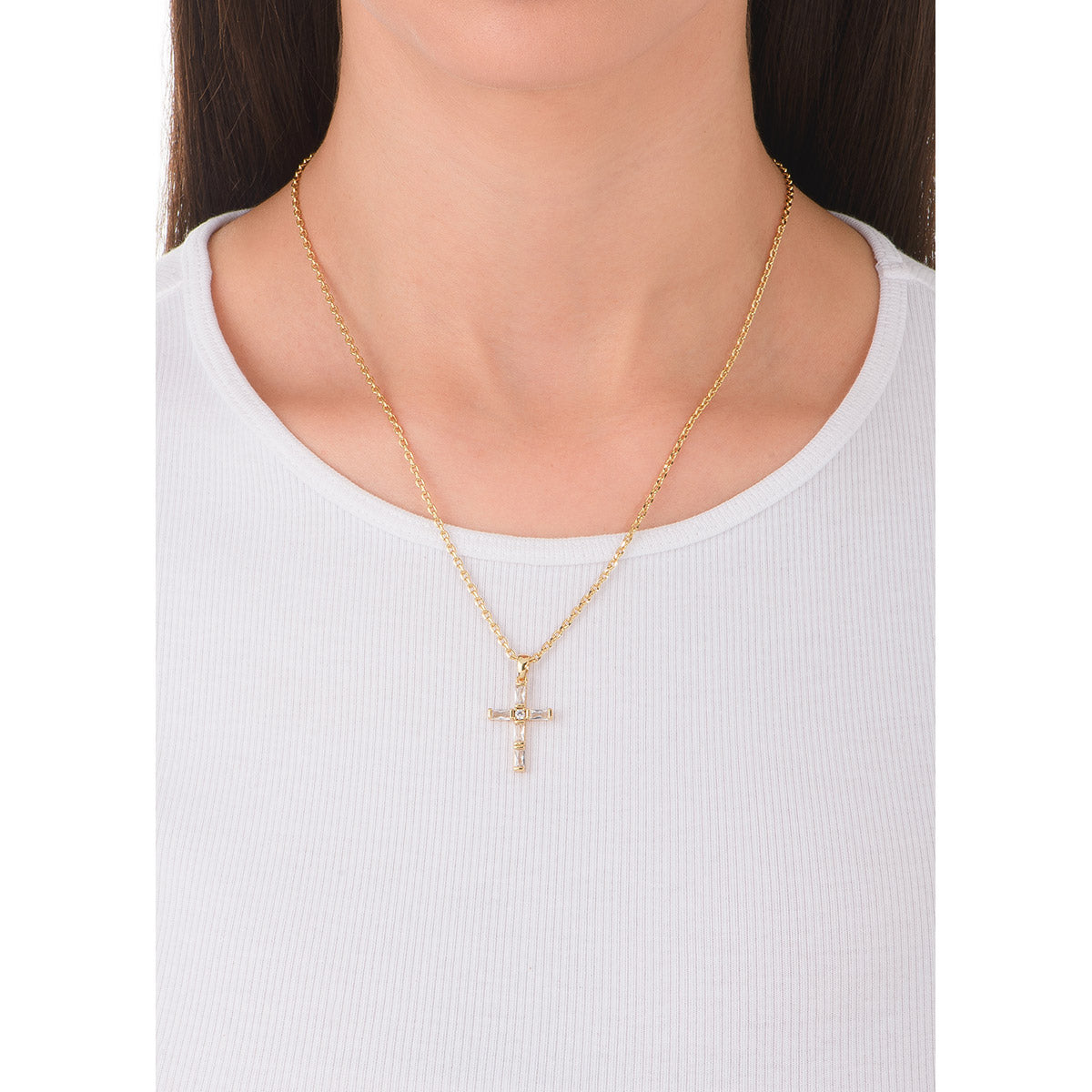 Collar en baño de oro con dije de cruz de cristal