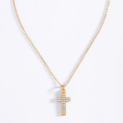 Collar de oro con dije de cruz y piedras cristal