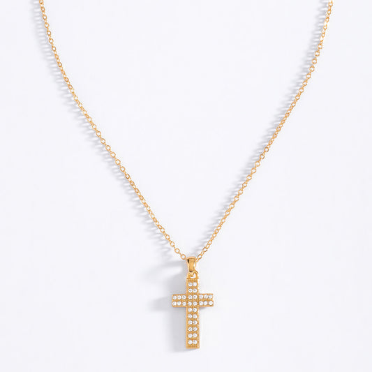 Collar de oro con dije de cruz y piedras cristal