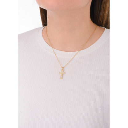 Collar de oro con dije de cruz y piedras cristal